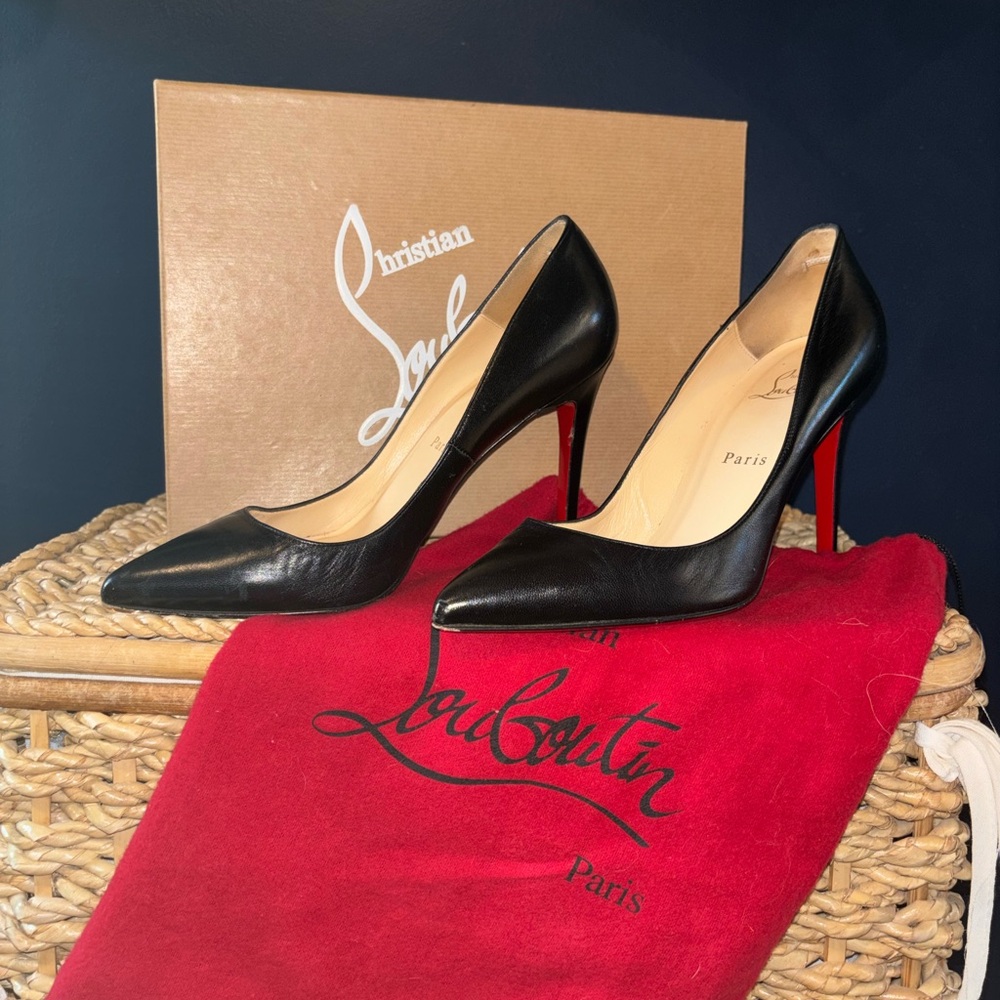 Christian Louboutin Black Leather Pointed Pumps with Red Soles